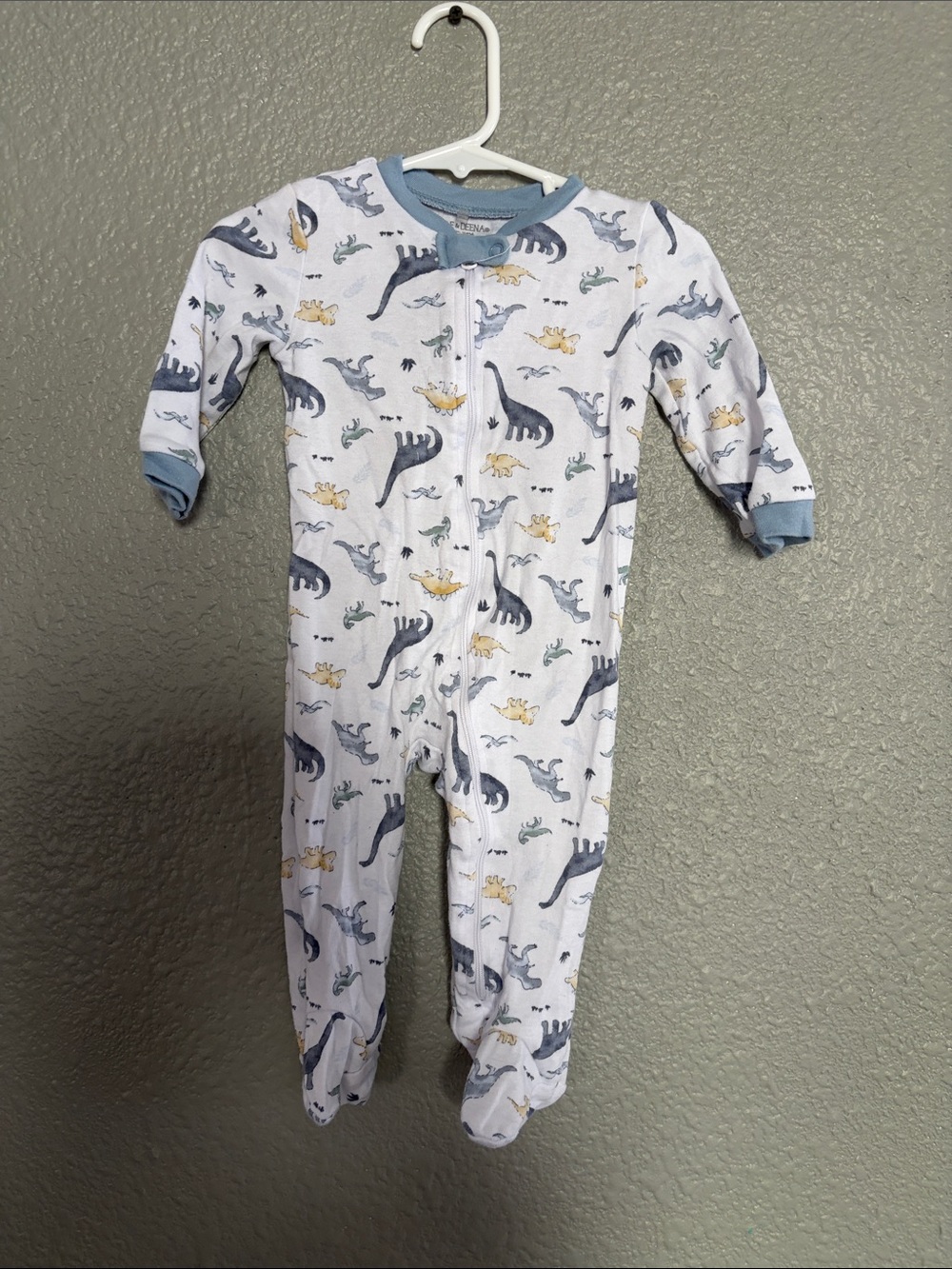 Baby Footed One-Piece Pajamas in White with Blue Dinosaur Print